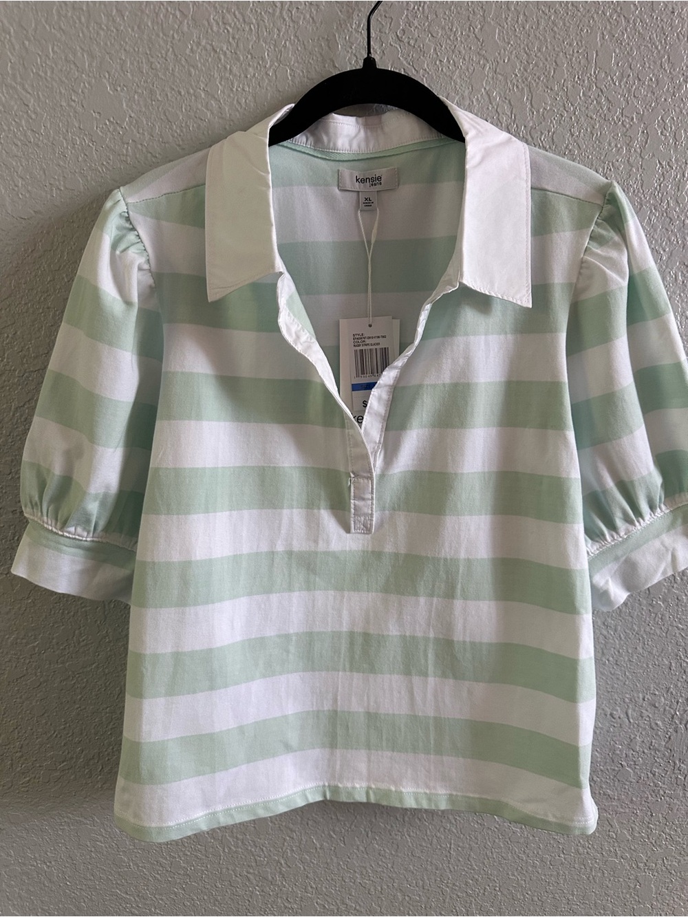 NWT Kensie Jeans Rugby Stripe Puff Sleeve Polo Top Green White XL